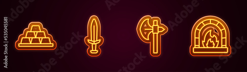 Set line Gold bars, Medieval sword, axe and Blacksmith oven. Glowing neon icon. Vector