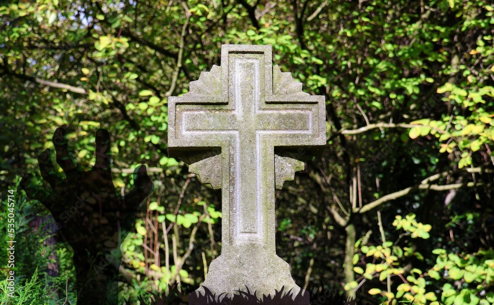 Grave cross with an illustrated hand from the ground. Halloween card. Grave cross with an illustrated hand from the ground. Halloween card.