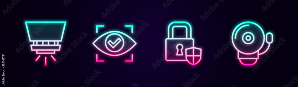 Set line Fire sprinkler system, Eye scan, Shield security with lock and Ringing alarm bell. Glowing neon icon. Vector Set line Fire sprinkler system, Eye scan, Shield security with lock and Ringing alarm bell. Glowing neon icon. Vector