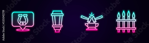 Set line Horseshoe, Garden light lamp, Anvil and hammer and Classic iron fence. Glowing neon icon. Vector