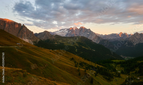 Panorama of Marmolada in Dolomites during sunset,  Italian Alps, Italy, Europe
