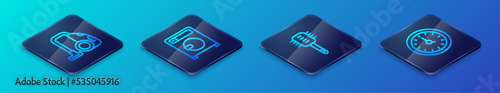 Set Isometric line Toilet brush, Vacuum cleaner, Clock and Washer icon. Vector