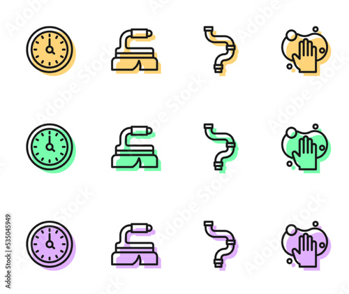 Set line Industry metallic pipe, Clock, Brush for cleaning and Sponge icon. Vector