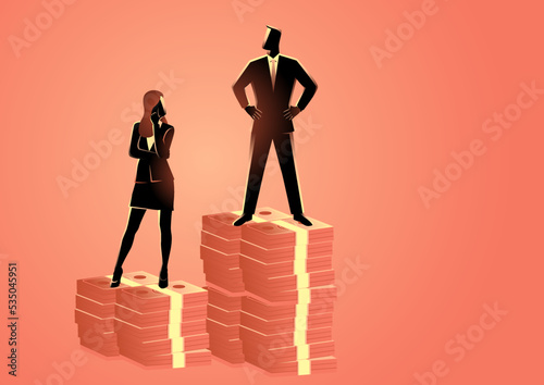 Businessman standing on higher stack of money than businesswoman