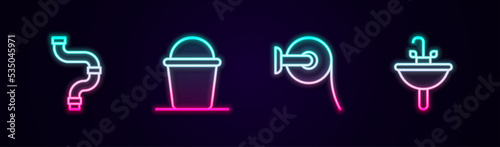 Set line Industry metallic pipe, Bucket, Toilet paper roll and Washbasin. Glowing neon icon. Vector