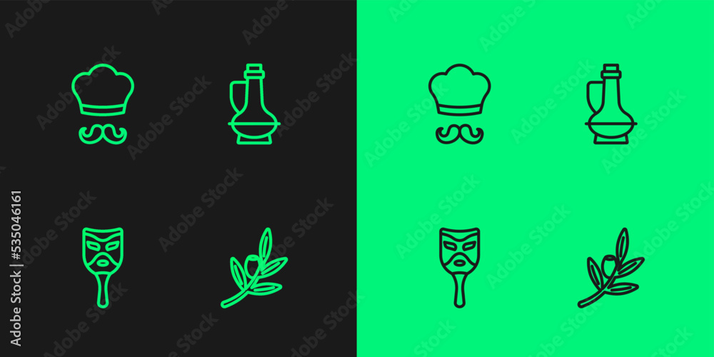 Set line Olives branch, Carnival mask, Italian cook and Bottle of olive oil icon. Vector Set line Olives branch, Carnival mask, Italian cook and Bottle of olive oil icon. Vector