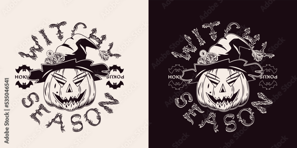 Emblem with witch pumpkin like a female face, purple hat with roses, eyeball on stick, text Witchy Season, silhouette of bat. Monochrome illustration in vintage style.