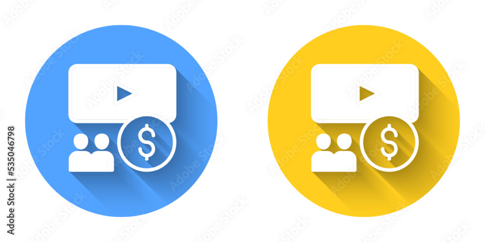 White Cinema auditorium with screen icon isolated with long shadow background. Circle button. Vector White Cinema auditorium with screen icon isolated with long shadow background. Circle button. Vector