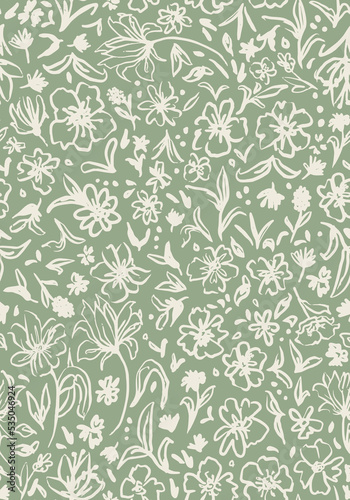 Sage green botanical mix seamless repeat pattern. Hand drawn, random placed, vector flowers, herbs, branches, leaves and more all over surface print.