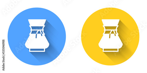 White Pour over coffee maker icon isolated with long shadow background. Alternative methods of brewing coffee. Coffee culture. Circle button. Vector