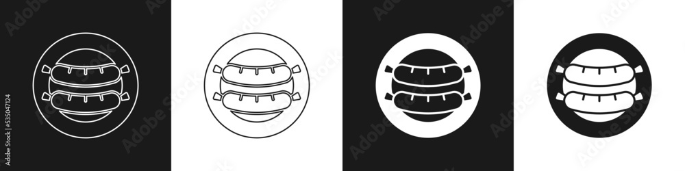 Set Sausage icon isolated on black and white background. Grilled sausage and aroma sign. Vector Set Sausage icon isolated on black and white background. Grilled sausage and aroma sign. Vector