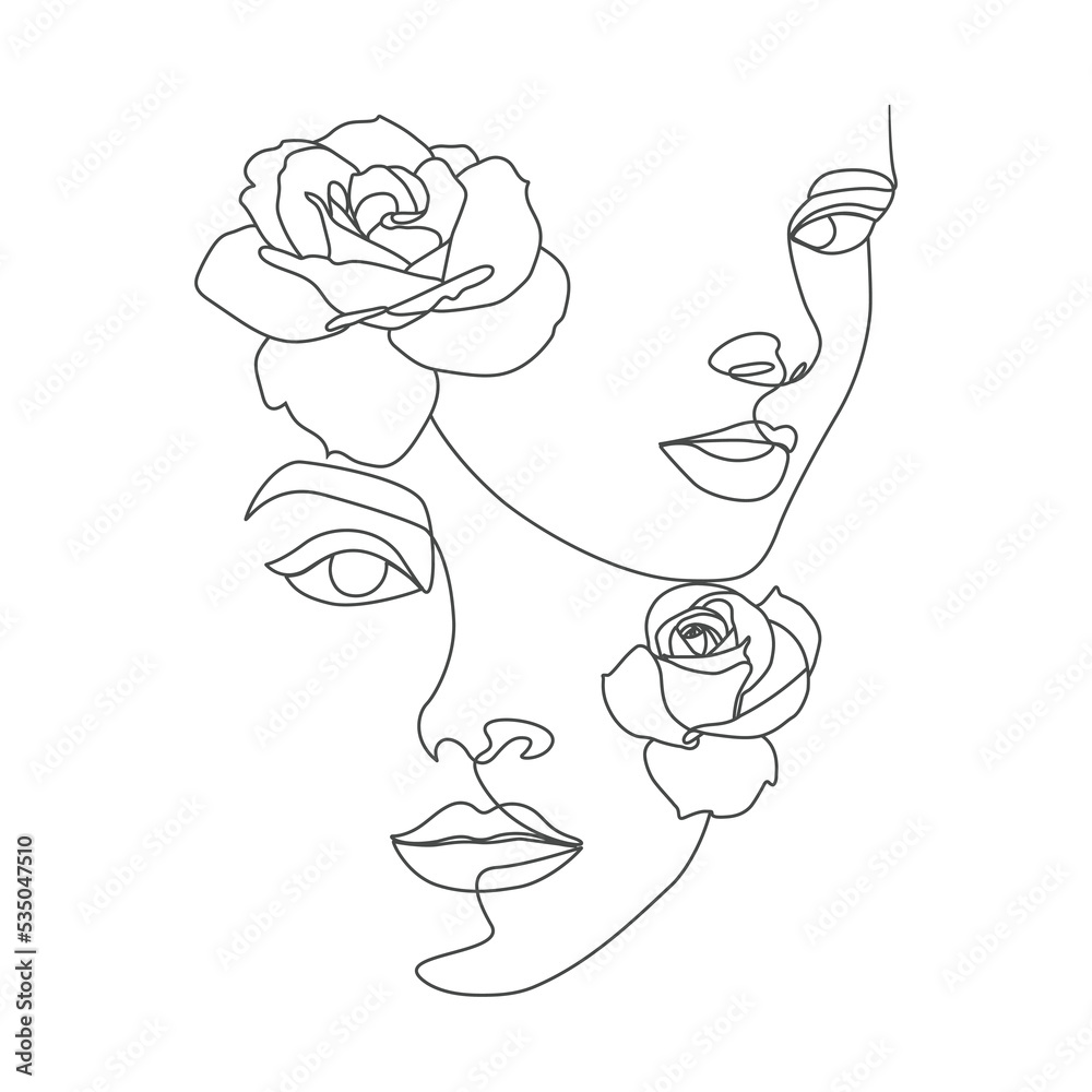 Obraz premium Women's eyes head with flowers linear drawing