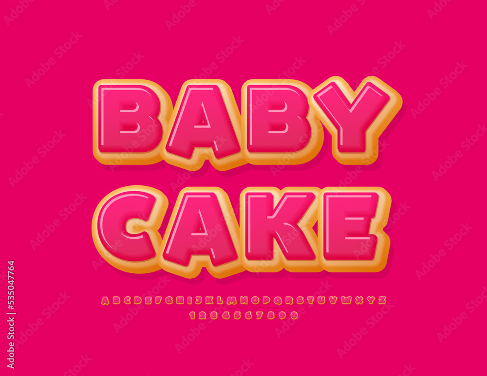 Vector sweet emblem Baby Cake. Pink glazed donut style Font. Tasty Alphabet Letters and Numbers set