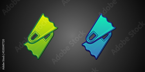 Green and blue Rubber flippers for swimming icon isolated on black background. Diving equipment. Extreme sport. Diving underwater equipment. Vector