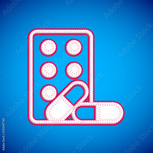 White Sports doping, anabolic drugs with dumbbell icon isolated on blue background. Anabolic steroids tablet. Pills in jar. Vector