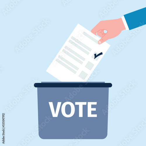 Voting box and hand with ballot. Parliament votes, democracy election icons. Online or mail survey, official referendum recent vector concept