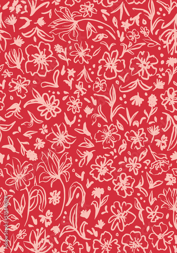 Hand drawn botanical mix seamless repeat pattern. Random placed, vector doodled herbs, flowers, leaves, plants all over surface print on red background.