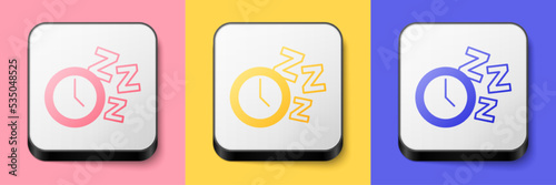 Isometric Alarm clock icon isolated on pink, yellow and blue background. Wake up, get up concept. Time sign. Square button. Vector