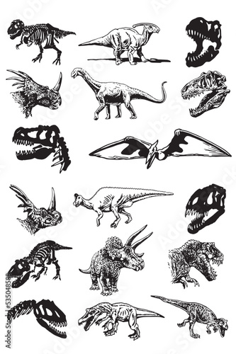 Graphical set of dinosaurs isolated on white background,vector illustration for tattoo and printing