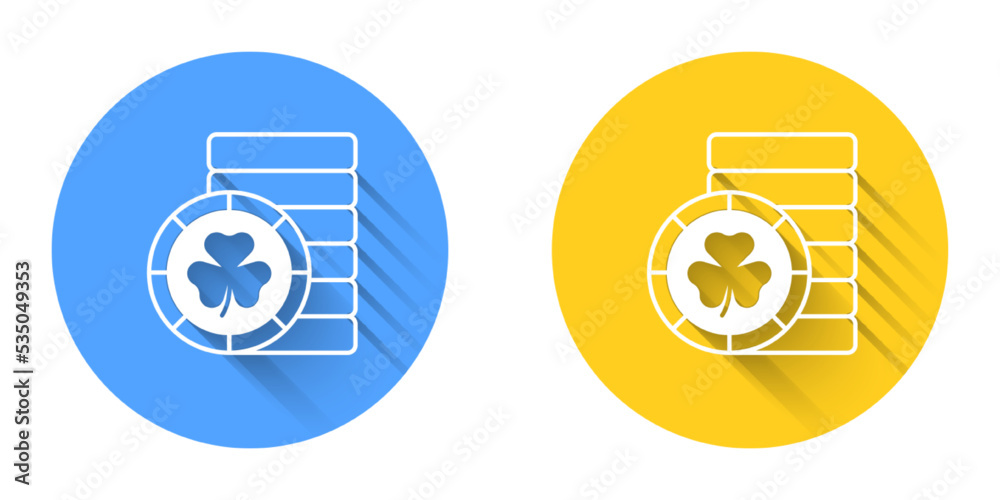 White Golden leprechaun coin with clover trefoil leaf icon isolated with long shadow background. Happy Saint Patricks day. National Irish holiday. Circle button. Vector White Golden leprechaun coin with clover trefoil leaf icon isolated with long shadow background. Happy Saint Patricks day. National Irish holiday. Circle button. Vector