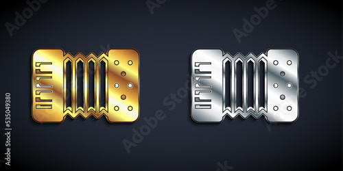 Gold and silver Musical instrument accordion icon isolated on black background. Classical bayan, harmonic. Long shadow style. Vector