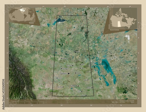 Saskatchewan, Canada. High-res satellite. Labelled points of cities