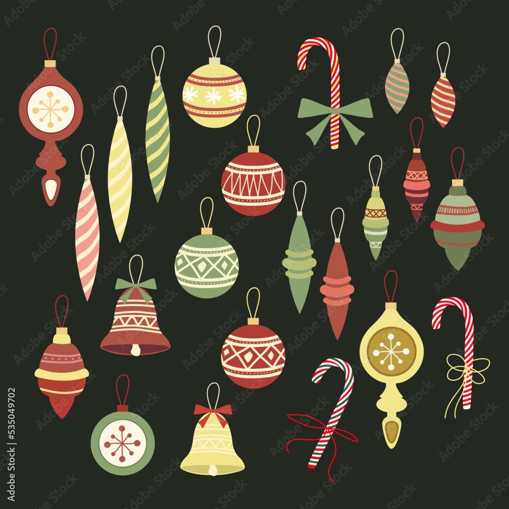 Christmas decoration set with red, green Christmas balls, caramel. Vector images isolated in flat style. Christmas decoration set with red, green Christmas balls, caramel. Vector images isolated in flat style.