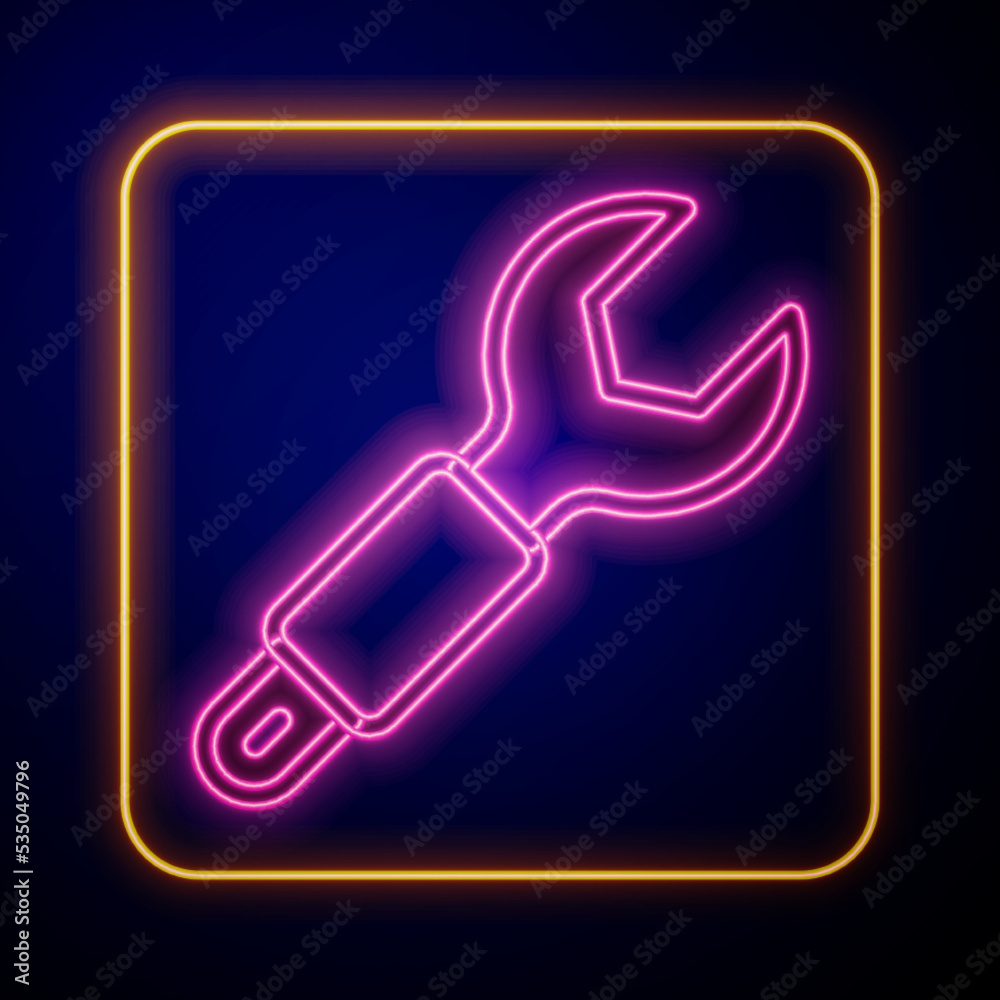 Glowing neon Wrench spanner icon isolated on black background. Spanner repair tool. Service tool symbol. Vector Glowing neon Wrench spanner icon isolated on black background. Spanner repair tool. Service tool symbol. Vector