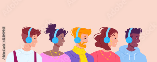Hipsters listen podcast. Teenagers in headphones listening podcasts radio music audiobook, person happiness face listened audio online media in casual earphones vector illustration