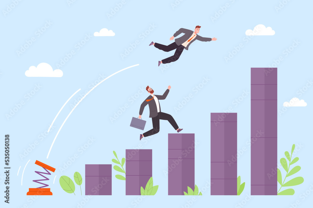 Business springboard. Higher jumping to achievement in sky, boost job growth career, unfair businessman leap spring catapult or trampoline, advance opportunity vector illustration