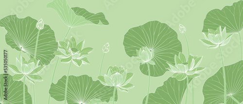 Luxury vector background with lotus flower  leaves and buds. Elegant floral wallpaper in minimalistic linear style.