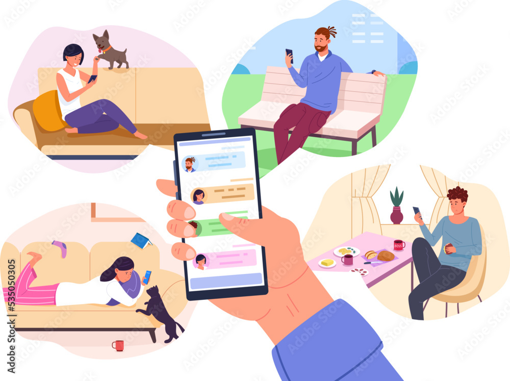 Friend news sharing. Follow friends online in social network or messenger app, hand holding smartphone contact list on screen phone program people communication vector illustration