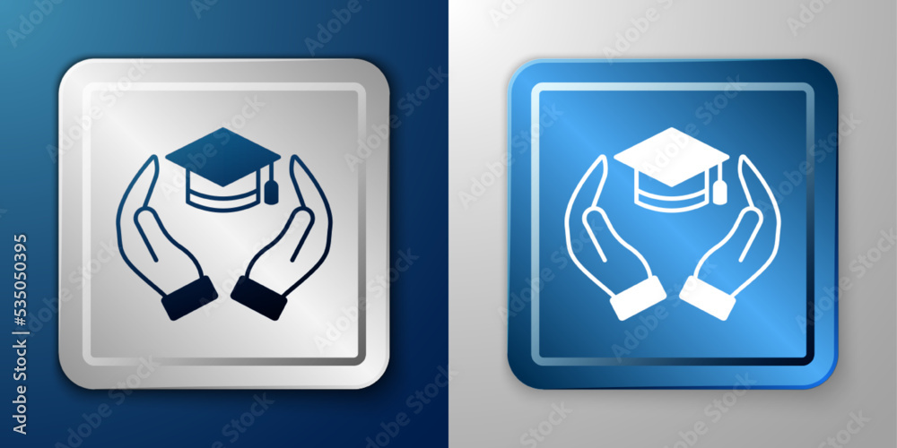 White Education grant icon isolated on blue and grey background. Tuition fee, financial education, budget fund, scholarship program, graduation hat. Silver and blue square button. Vector