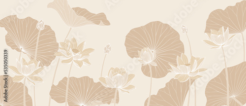 Luxury vector background with lotus flower, leaves and buds. Elegant floral wallpaper in minimalistic linear style.