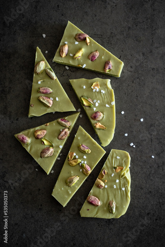 Pistachio chocolate with salt, green matcha chocolate