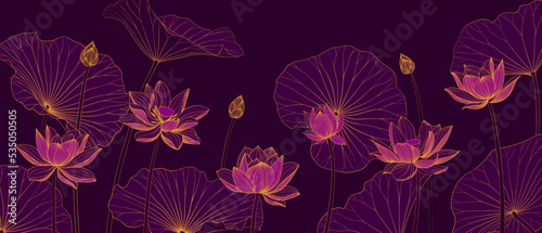 Luxury vector background with lotus flower, leaves and buds. Elegant floral wallpaper in minimalistic linear style.