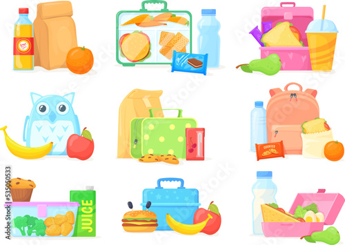 School lunch boxes. Lunchbox kid snacking break, food container backpack with healthy bento meal fruit homemade sandwich cake, lunches bag picnic