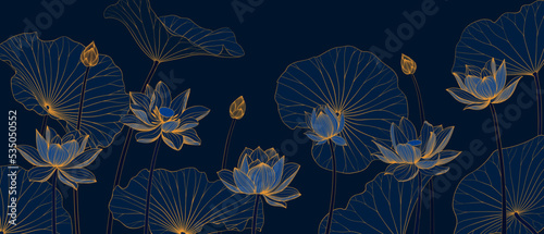 Luxury vector background with lotus flower, leaves and buds. Elegant floral wallpaper in minimalistic linear style.