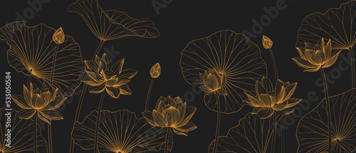 Luxury vector background with lotus flower, leaves and buds. Elegant floral wallpaper in minimalistic linear style.