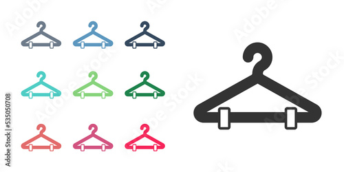 Black Hanger wardrobe icon isolated on white background. Cloakroom icon. Clothes service symbol. Laundry hanger sign. Set icons colorful. Vector