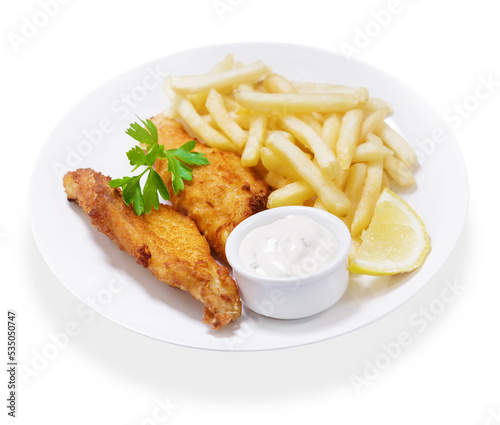 plate of fish and chips on white background