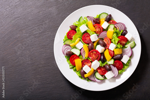 plate of greek salad, top view