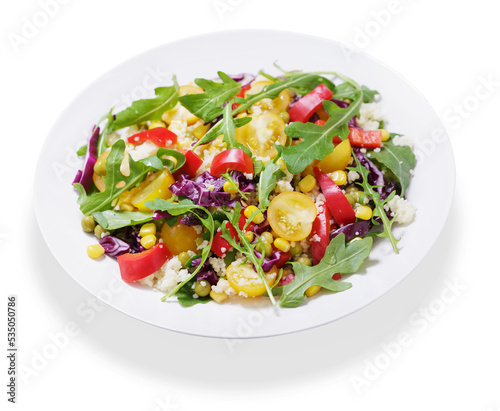 plate of salad with couscous and vegetables on white background