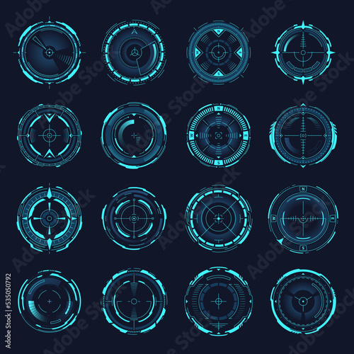Collimator sight. War sci-fi focus camera, hud aim control target compass system army technology eye sniper scope circle crosshair digital vision future