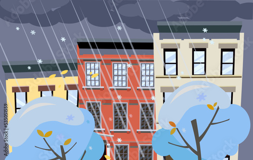 Flat cartoon vector illustration of winter snowy city street. Dark clouds over the roofs of houses, it is snowng. Street of town with bright colorful houses. Winter twilight in the city background photo