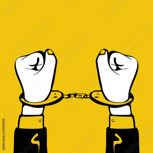 Hands in handcuffs sketch style. Human in jail. Prisoner concept. Vector illustration cartoon design. Arrest of a person. Isolated on white background. Criminal behind bars.