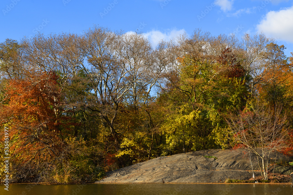 Picturesque fall landscape with lake at Central Park in New York City