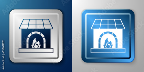 White Blacksmith oven icon isolated on blue and grey background. Silver and blue square button. Vector