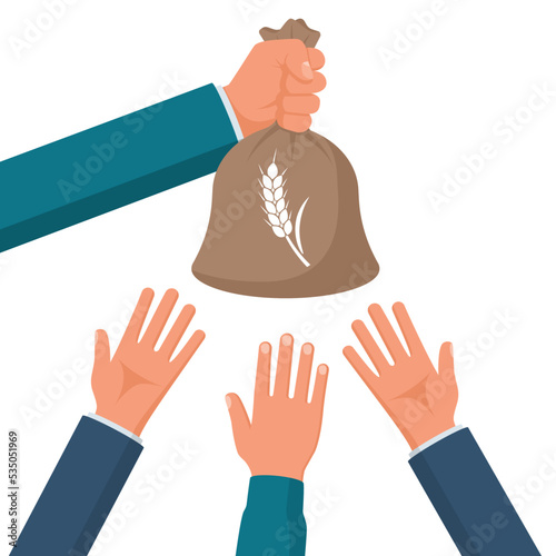 Businessman holding a wheat bag in hand. Good grain harvest. The hands of businessmen reach out to receive grain. Ask and beg. Vector illustration flat design. Isolated on white background.