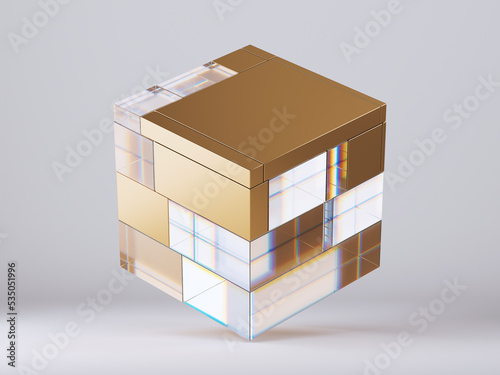 Fototapeta Naklejka Na Ścianę i Meble -  3d render, abstract gold cube split into glass and gold fragments, isolated on white background. Futuristic simple geometric object. Minimal design